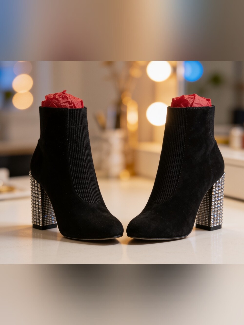RENE CAOVILLA  Black Suede Ankle Boot with Embellished Block Heel And Sole